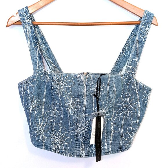NWT House of Harlow 1960 | Floral Embroidered Denim Corset Top Blue | Size Small - Picture 6 of 11